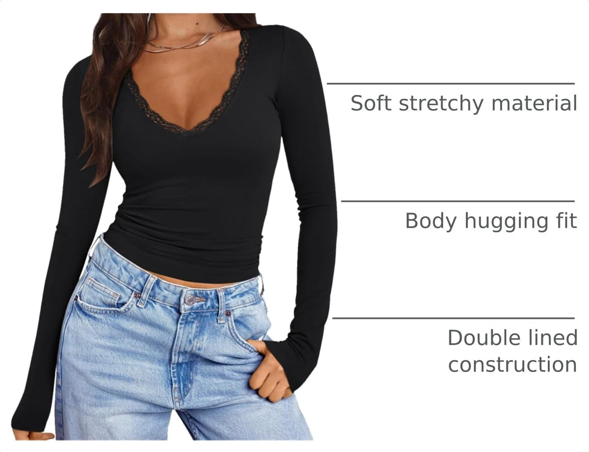 PINKMSTYLE Women Sexy V Neck Lace Long Sleeve Shirts Basic Fitted Double Lined Going Out Y2K Trendy Fall Tops