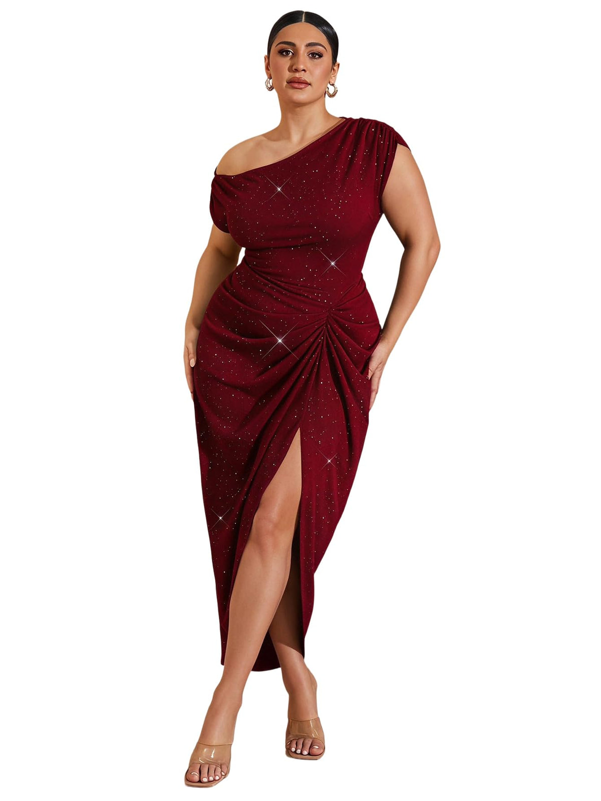 Floerns Women's Plus Size Asymmetrical Neck Ruched Slit Hem Cocktail Dress