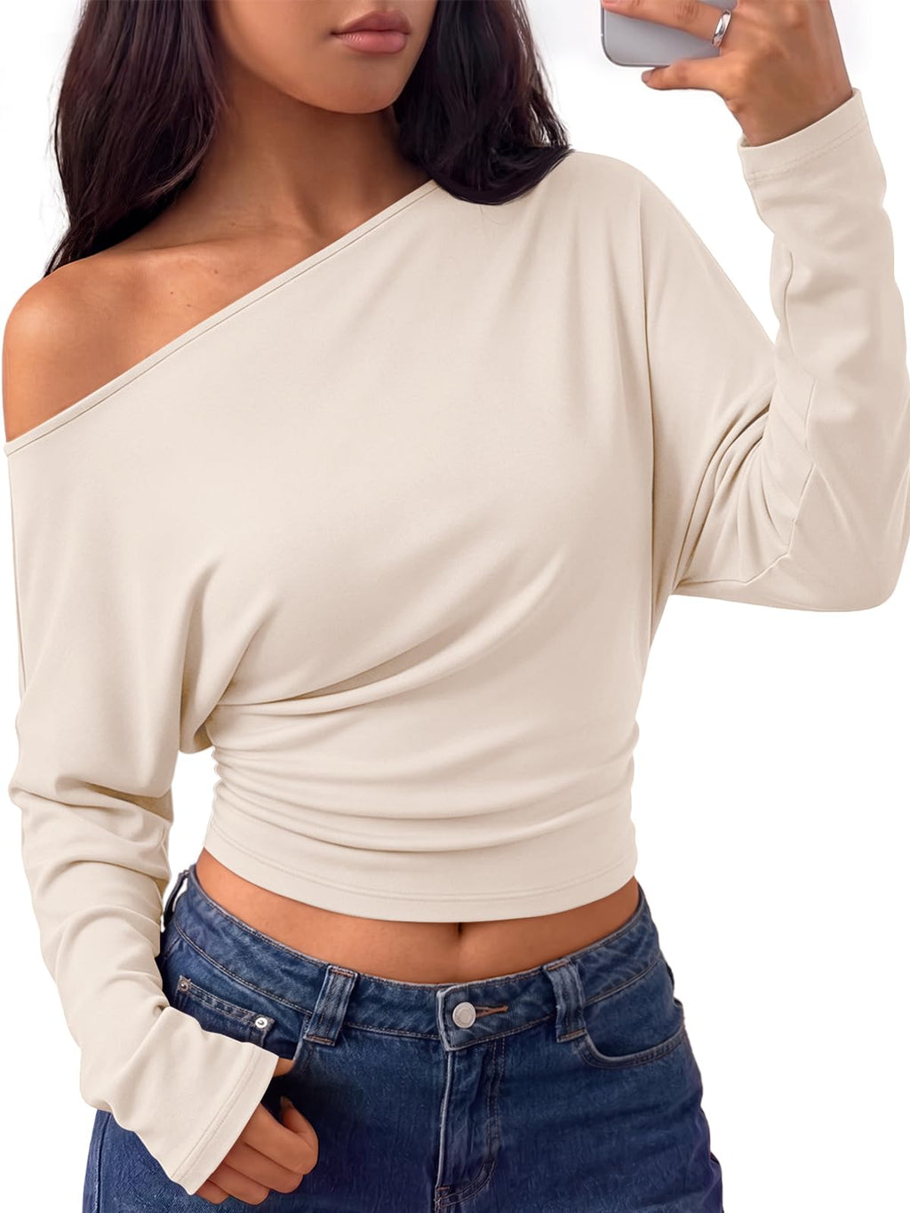 Trendy Queen Off the Shoulder Tops for Women Cinched Waist Shirts 2026 Fall