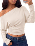 Trendy Queen Off the Shoulder Tops for Women Cinched Waist Shirts 2026 Fall