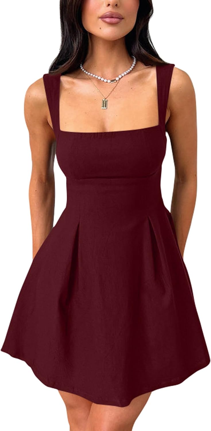 YMDUCH Women's Sleeveless Square Neck Bow Tie A-line Mini Dress