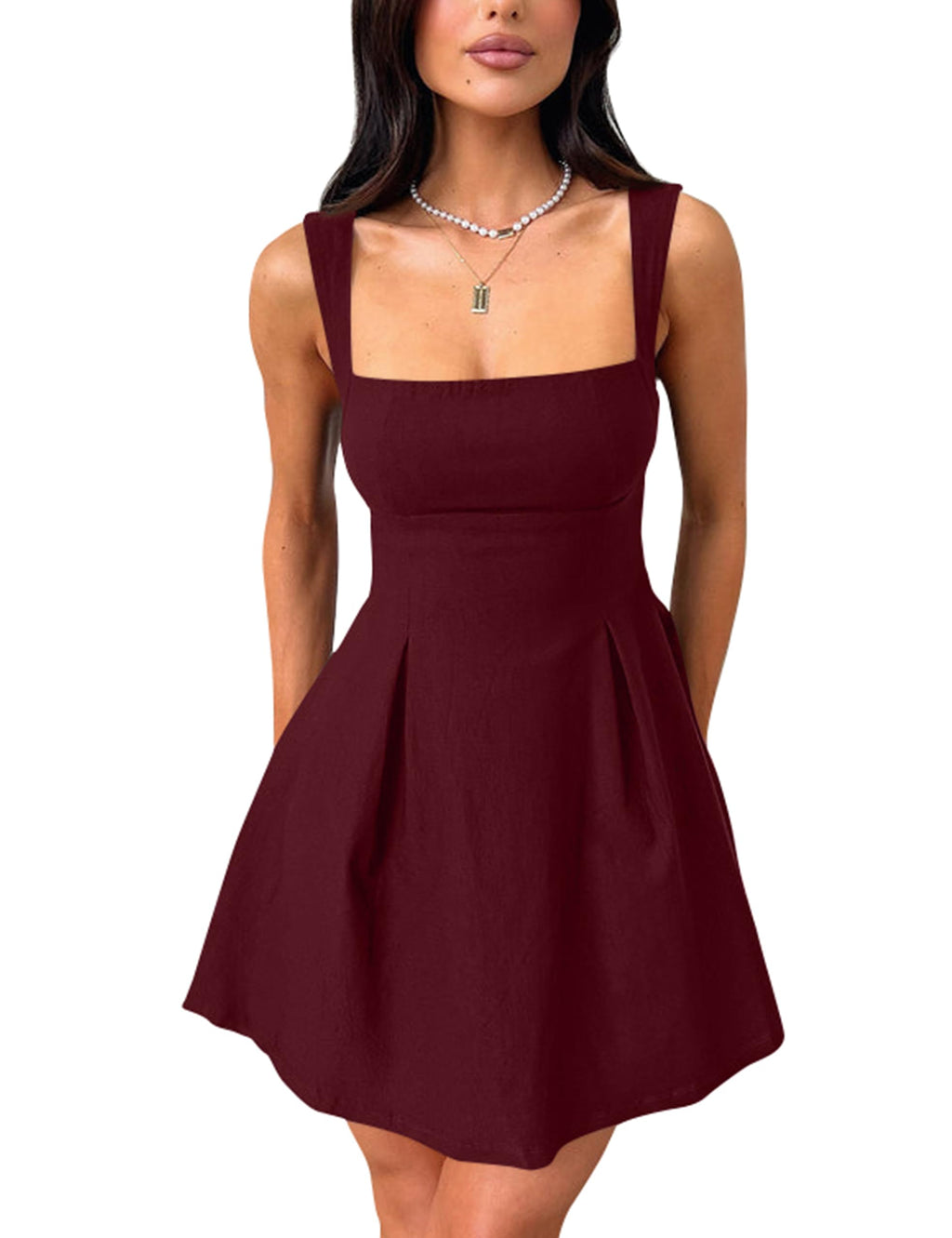 YMDUCH Women's Sleeveless Square Neck Bow Tie A-line Mini Dress