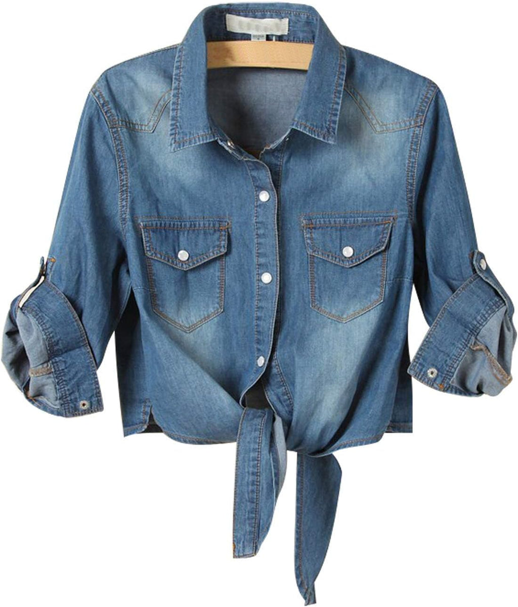 Women's Denim Shirt Roll Up 3/4 Sleeve Tie Front Knot Chambray Crop Top