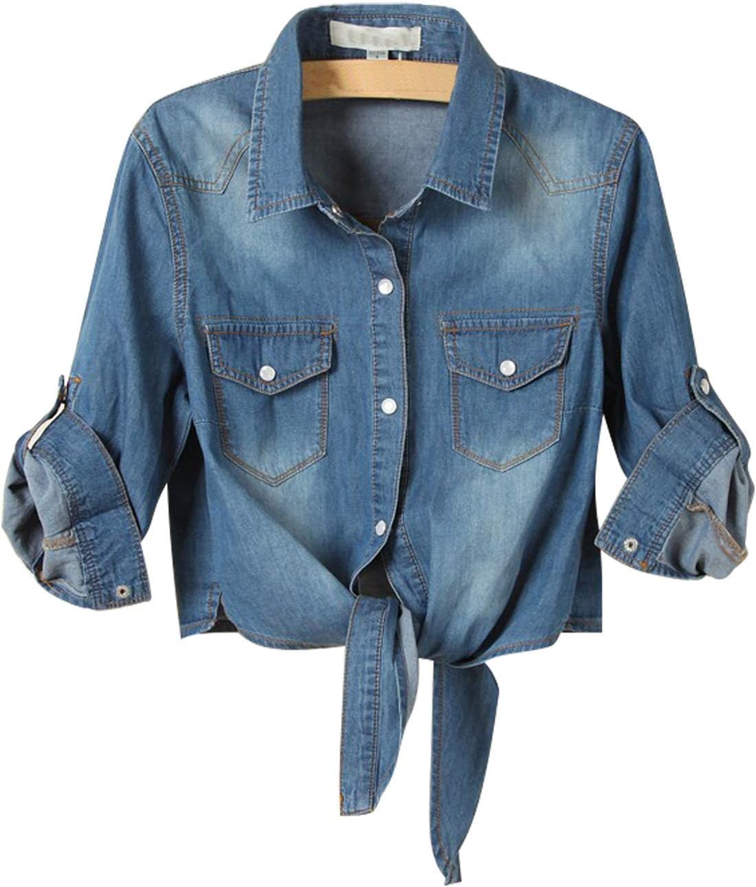 Women's Denim Shirt Roll Up 3/4 Sleeve Tie Front Knot Chambray Crop Top