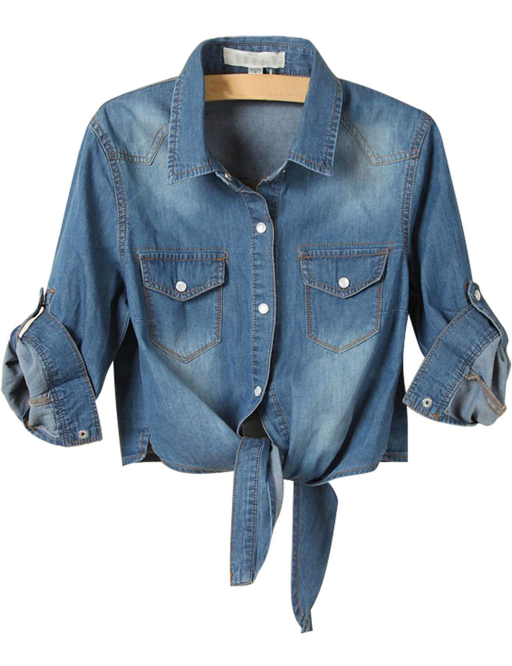 Women's Denim Shirt Roll Up 3/4 Sleeve Tie Front Knot Chambray Crop Top