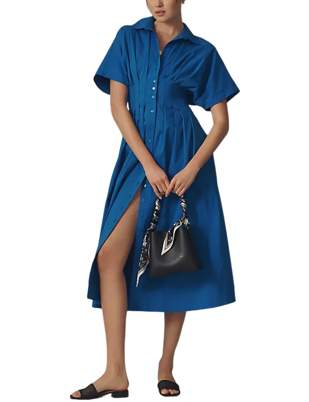 Yeokou Shirt Dress for Women Short Sleeve Button Front Casual Pleated Flowy Maxi Sundress with Pockets