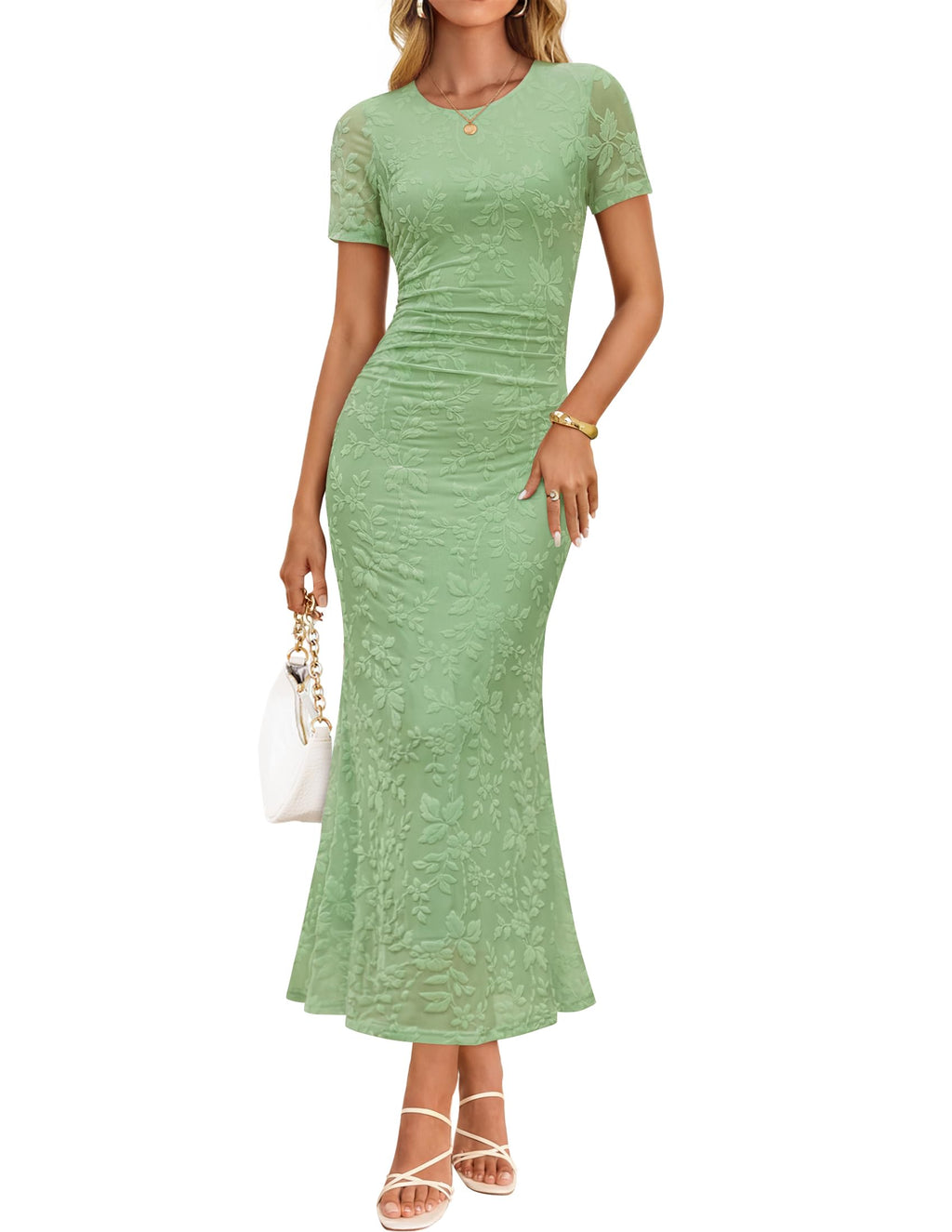 ZESICA Women Summer 2026 Floral Short Sleeve Bodycon Mesh Maxi Formal Dress