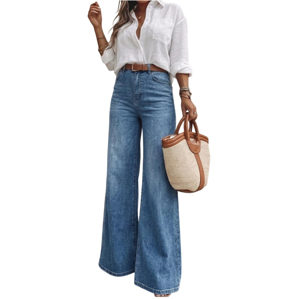 Women's High Waisted Wide Leg Jeans Classic 5-Pocket Dark Wash Long Bootcut Denim Pants for Casual Office Work