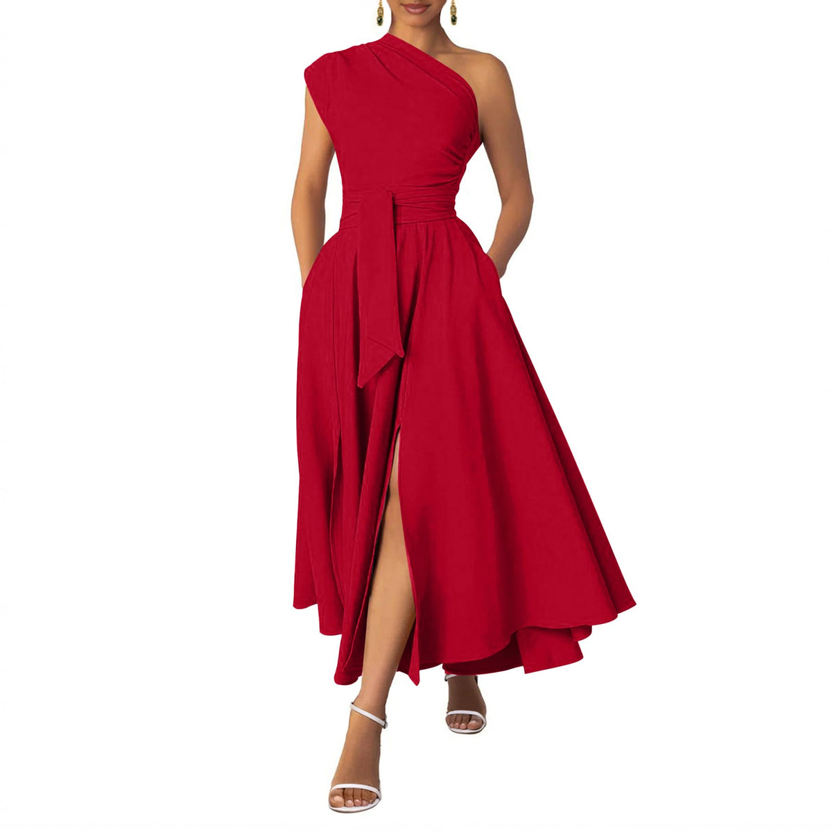 Ekaliy Women's One Shoulder Belted Maxi Dress Formal Wedding Guest Dress