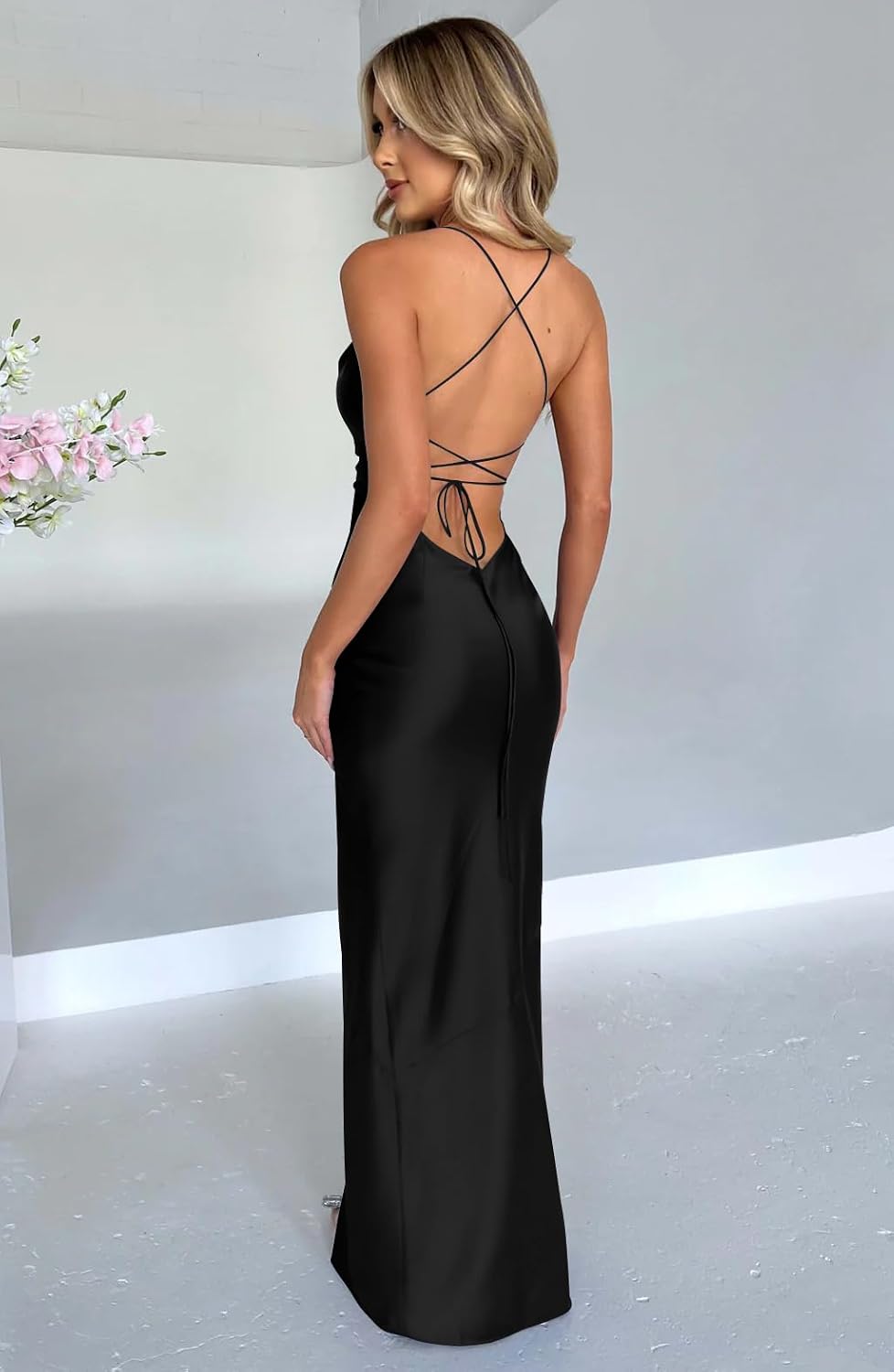 Memoriesea Women's Sexy Spaghetti Strap Bodycon Cowl Neck Party Cocktail Maxi Dress