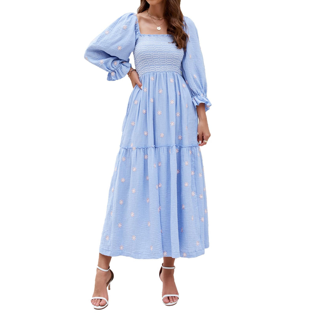 ABYOVRT Women Floral Embroidered Maxi Dress Long Puff Sleeve Square Neck Bohemian Flowy Dress with Pockets Summer Fall
