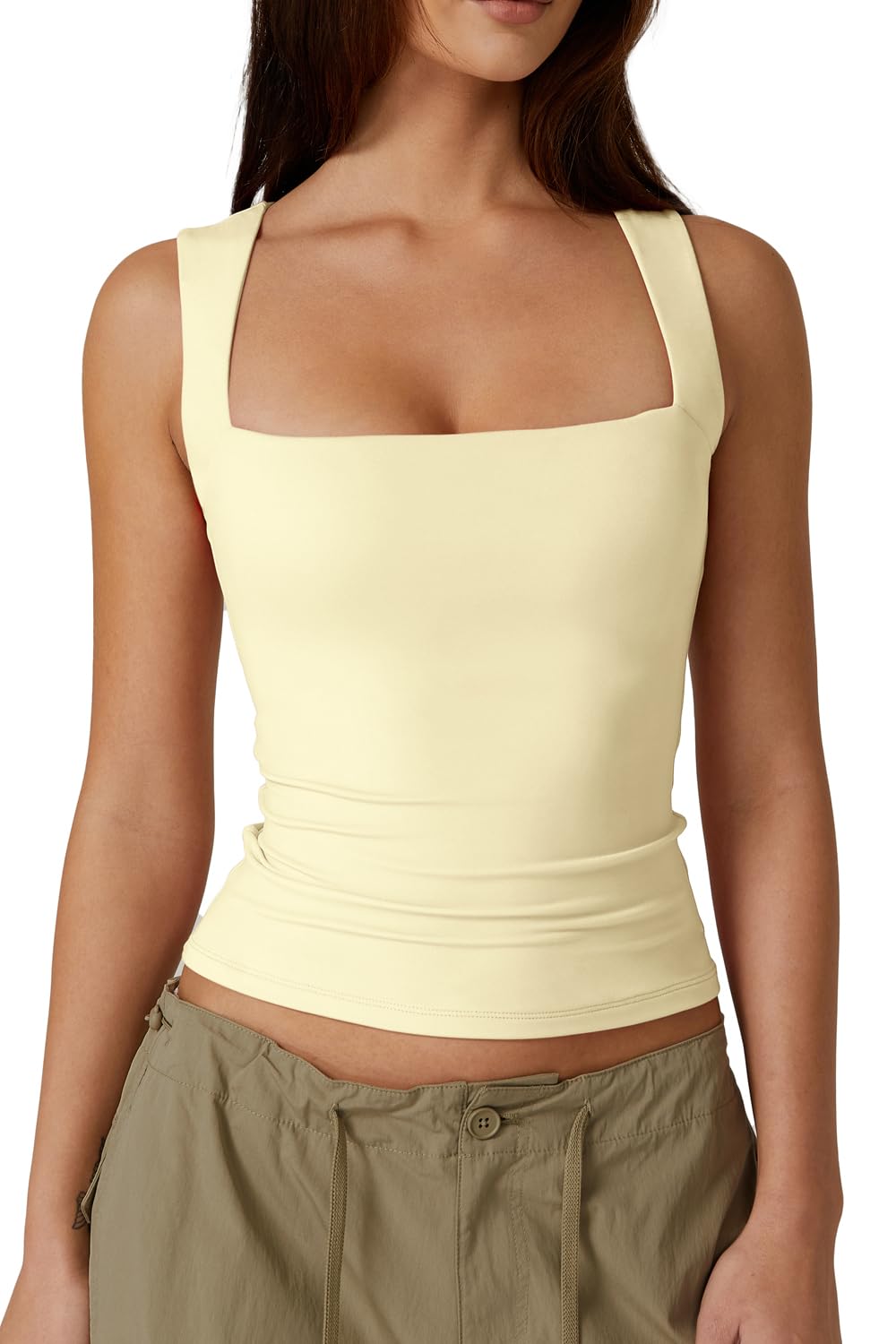 QINSEN Women's Square Neck Sleeveless Double-Layer Tank Tops Basic Tight T Shirts