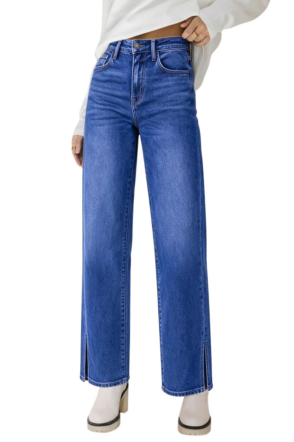 KDF Straight Leg Jeans for Women High Waisted Frayed Baggy Pants Stretchy Cropped Wide Leg Jeans