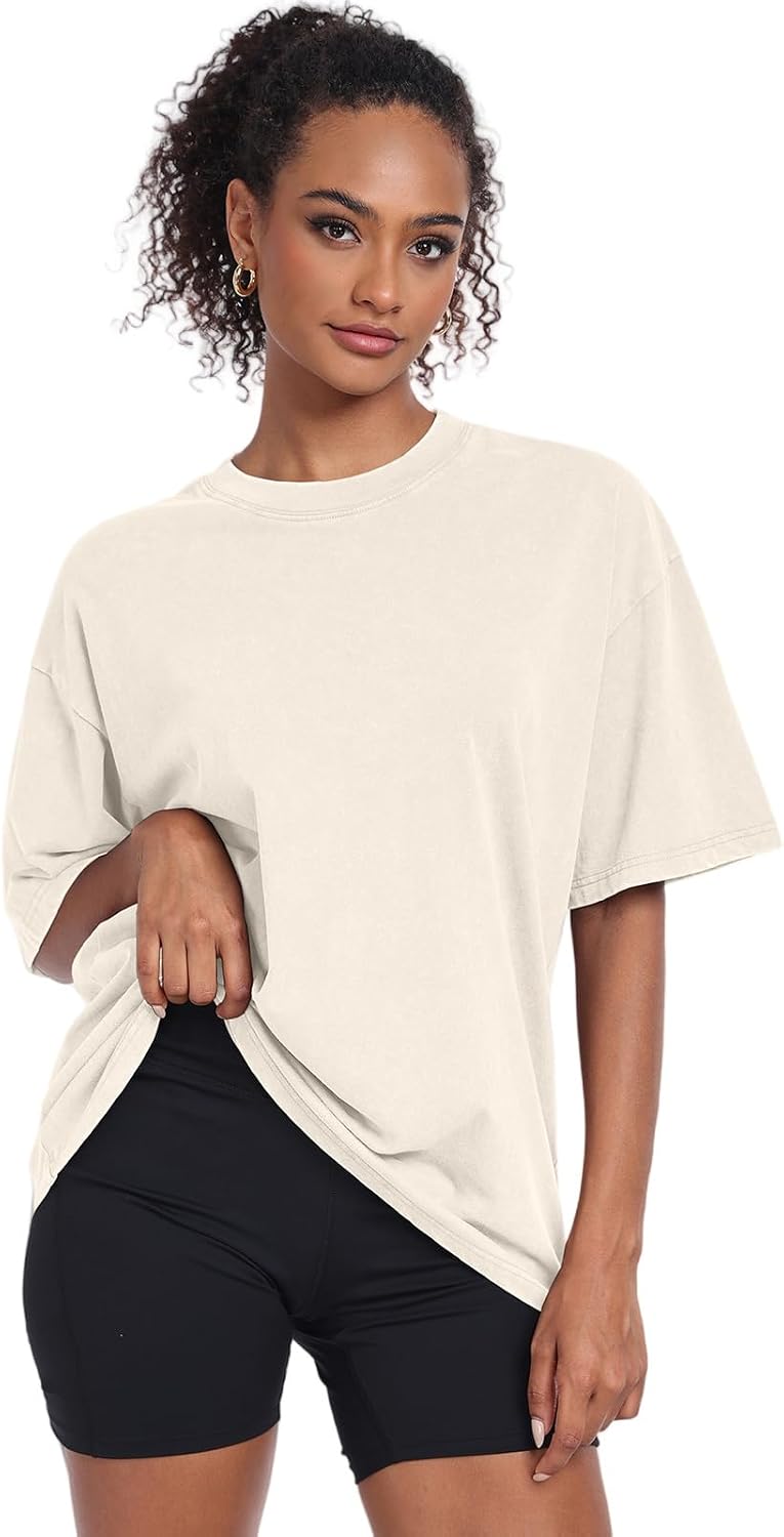 Womens Washed Vintage Oversized T-Shirt Baggy Workout Tops Short Sleeve Cotton Tshirts Streetwear Boyfriend Tee