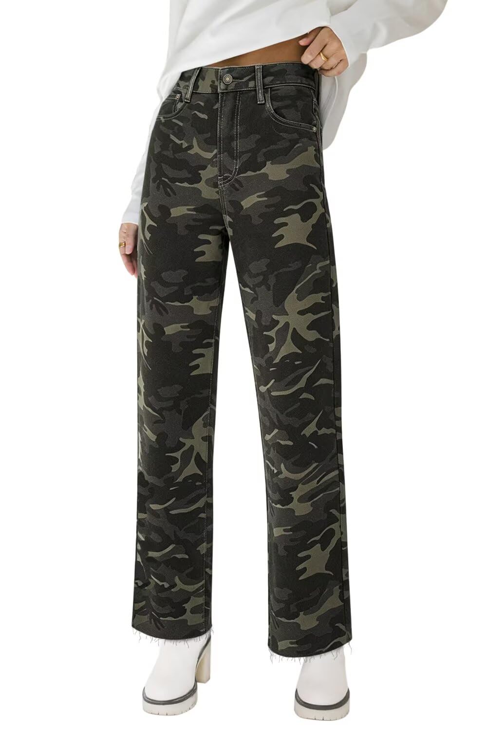 KDF Straight Leg Jeans for Women High Waisted Frayed Baggy Pants Stretchy Cropped Wide Leg Jeans
