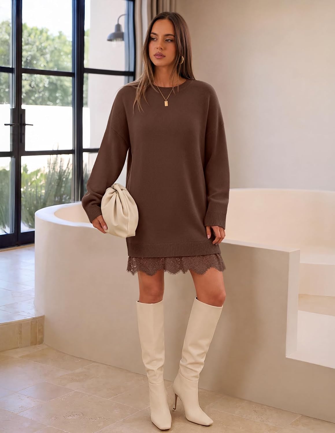 MEROKEETY Women's Fall Long Sleeve Lace Oversized Casual Knit Sweater Dress
