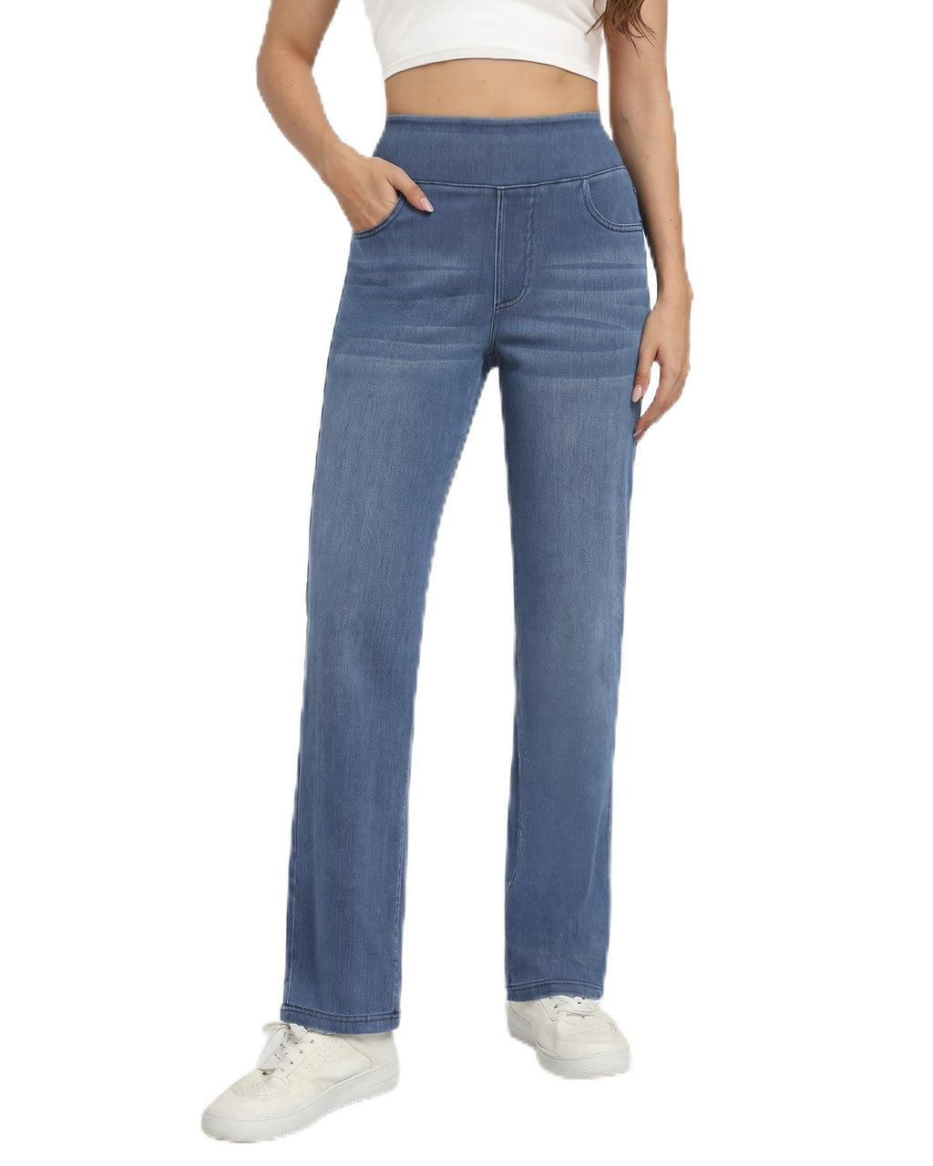 Pull on Straight Leg Jeans for Women Stretchy Sweatpant Jeans Elastic High Waist Tummy Control Trendy Denim Pants