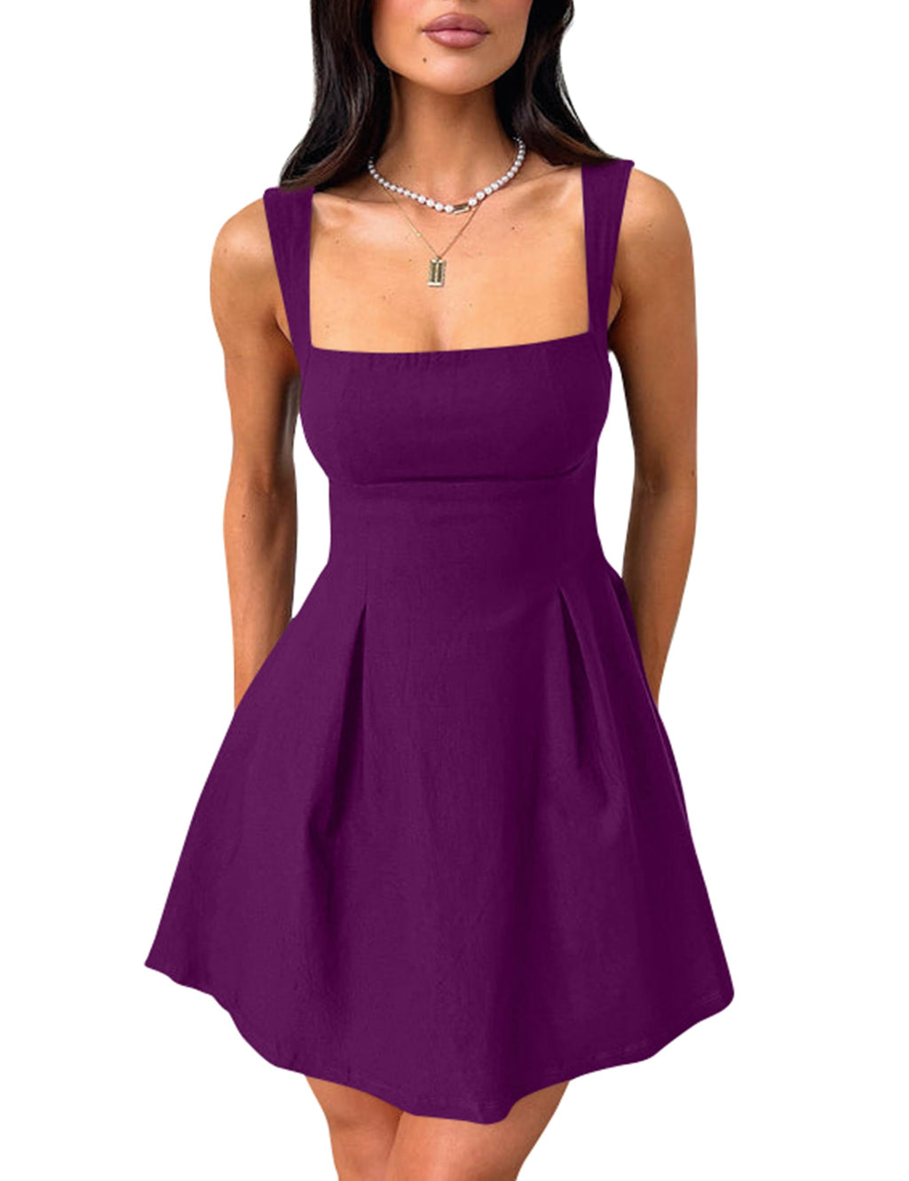 YMDUCH Women's Sleeveless Square Neck Bow Tie A-line Mini Dress
