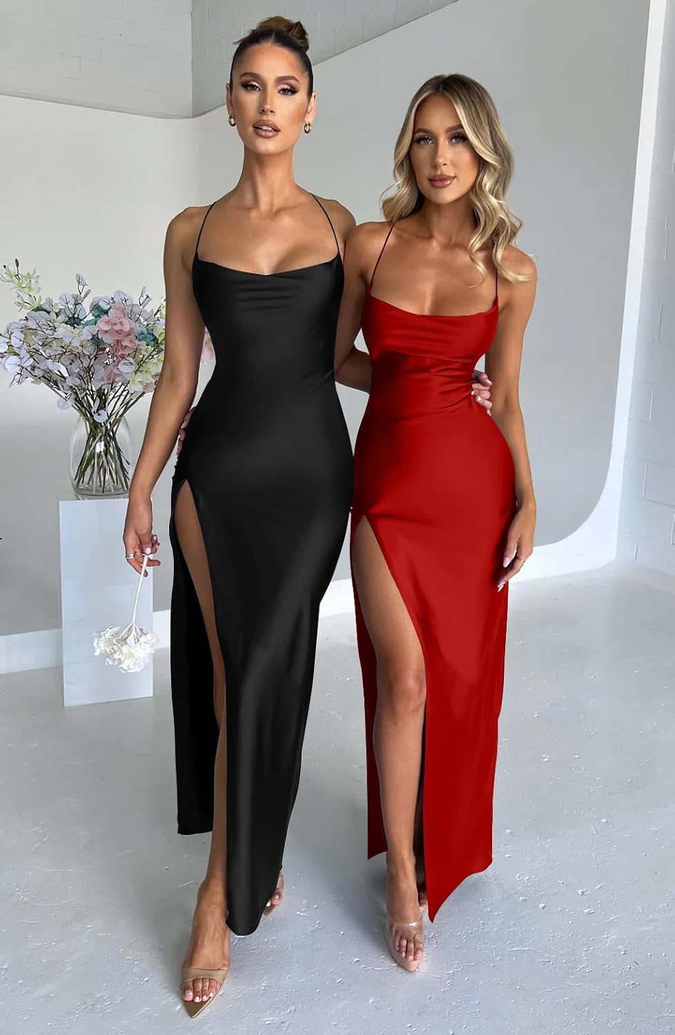 Memoriesea Women's Sexy Spaghetti Strap Bodycon Cowl Neck Party Cocktail Maxi Dress