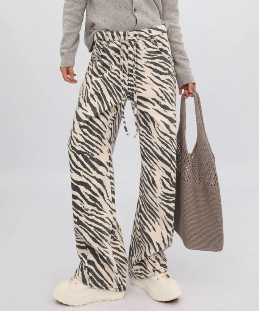 Unisex Y2K Striped Zebra Print Baggy Jeans High Waist Drawstring