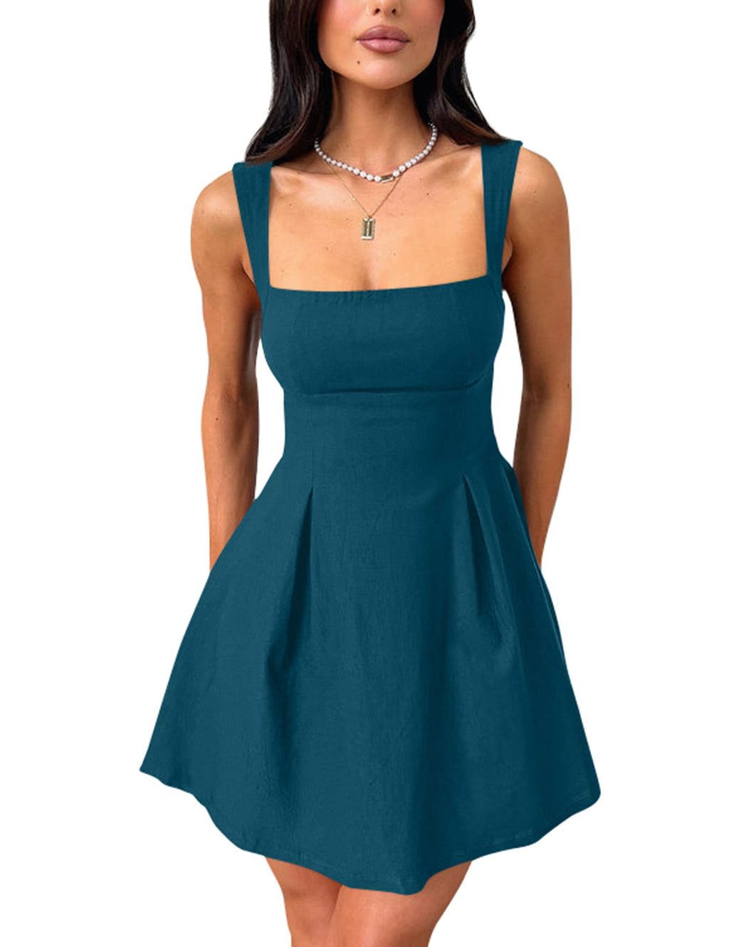 YMDUCH Women's Sleeveless Square Neck Bow Tie A-line Mini Dress