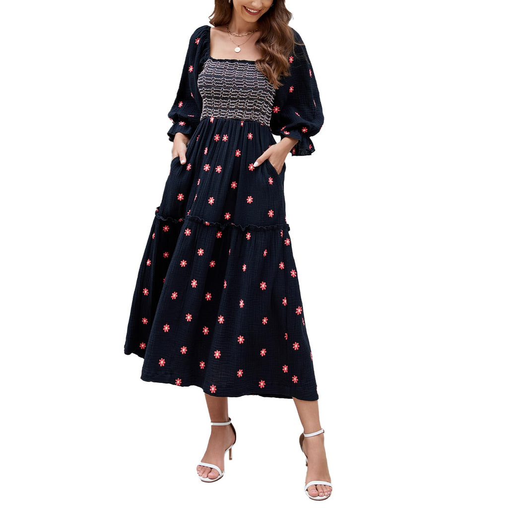 ABYOVRT Women Floral Embroidered Maxi Dress Long Puff Sleeve Square Neck Bohemian Flowy Dress with Pockets Summer Fall