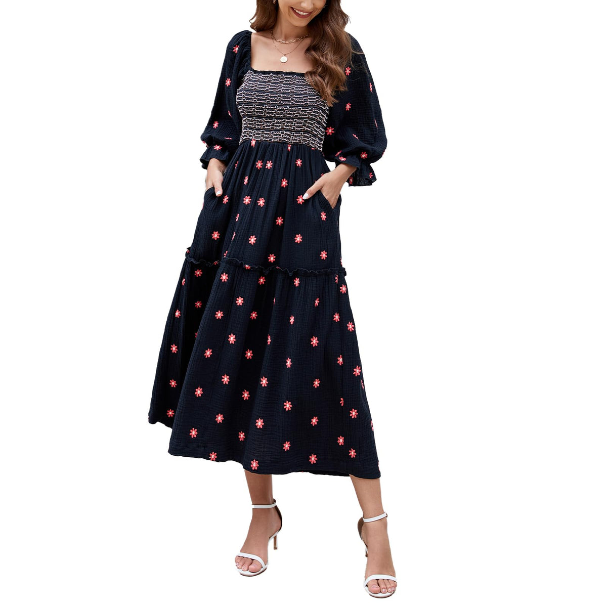 ABYOVRT Women Floral Embroidered Maxi Dress Long Puff Sleeve Square Neck Bohemian Flowy Dress with Pockets Summer Fall