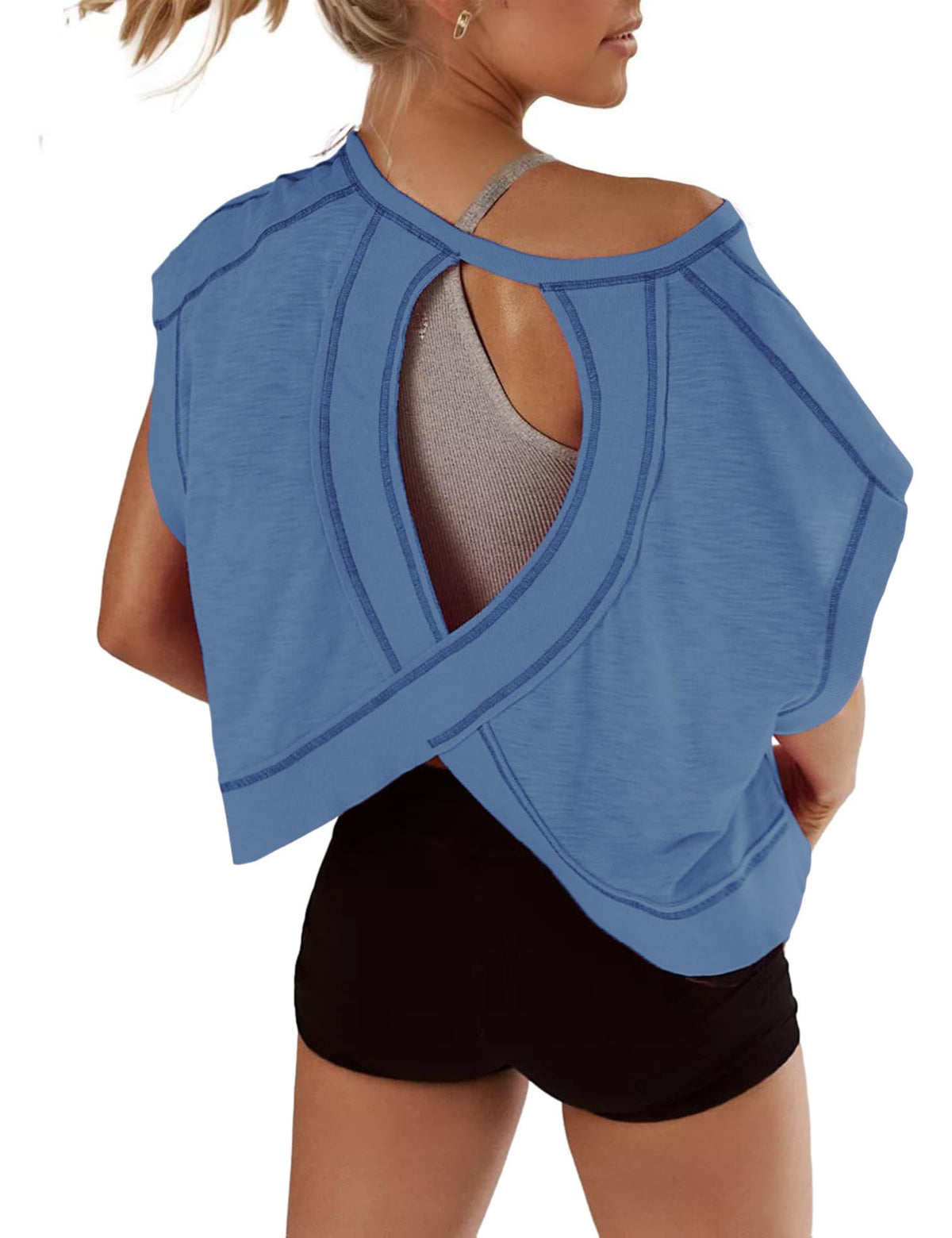 Open Back Tops for Women Oversized Short Sleeve Workout T Shirts Backless Y2k Athletic Crop Running Tees