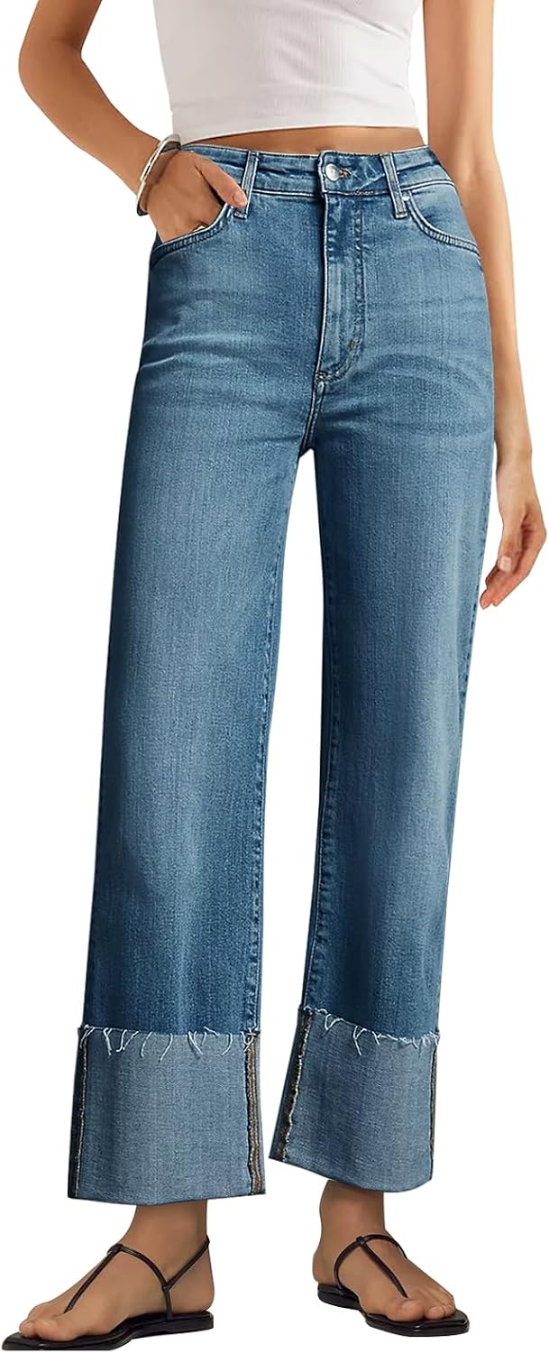KUNMI Women's Wide Leg Jeans High Waisted Straight Leg Stretchy Denim Pants with Pockets