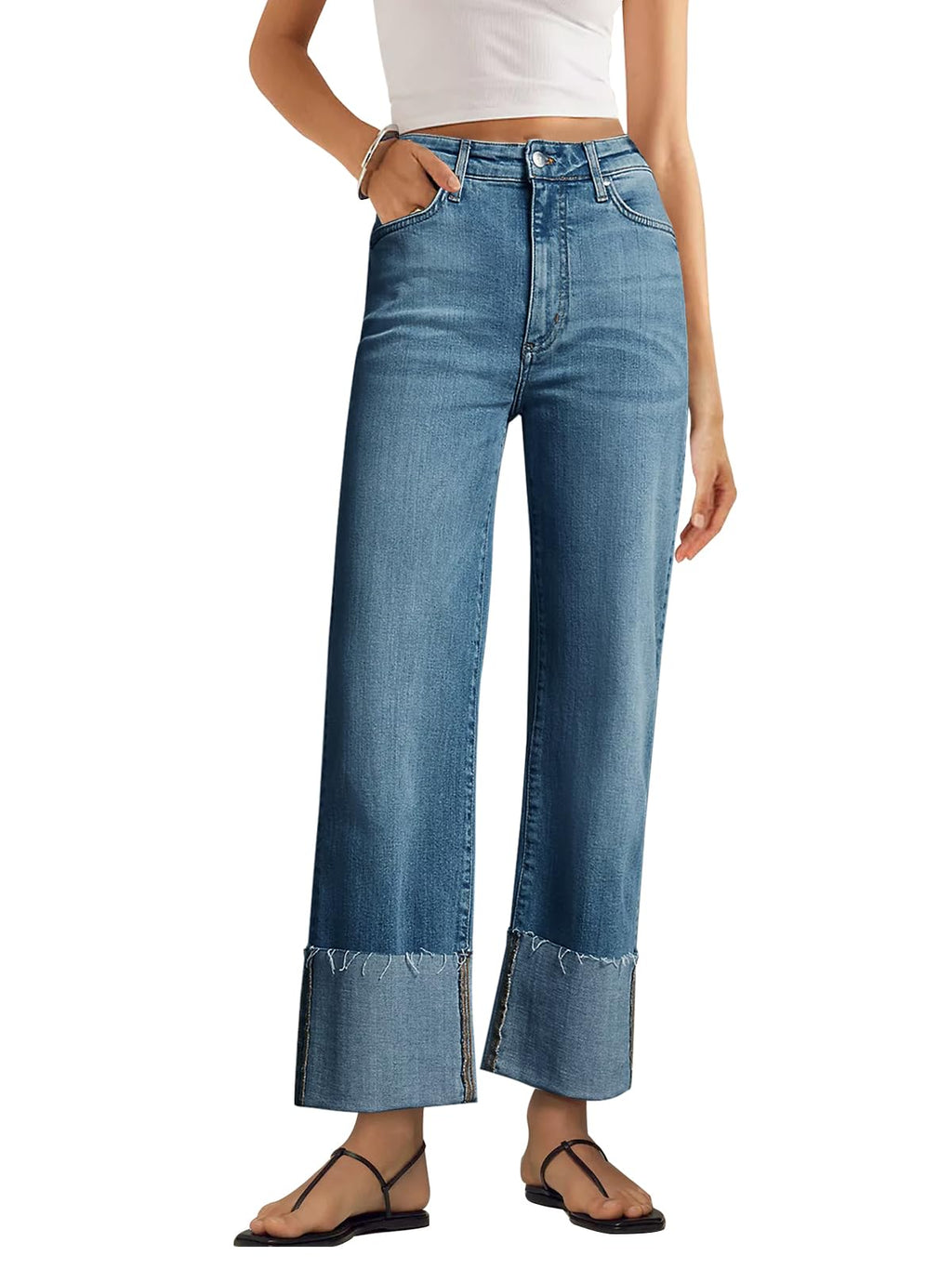 KUNMI Women's Wide Leg Jeans High Waisted Straight Leg Stretchy Denim Pants with Pockets