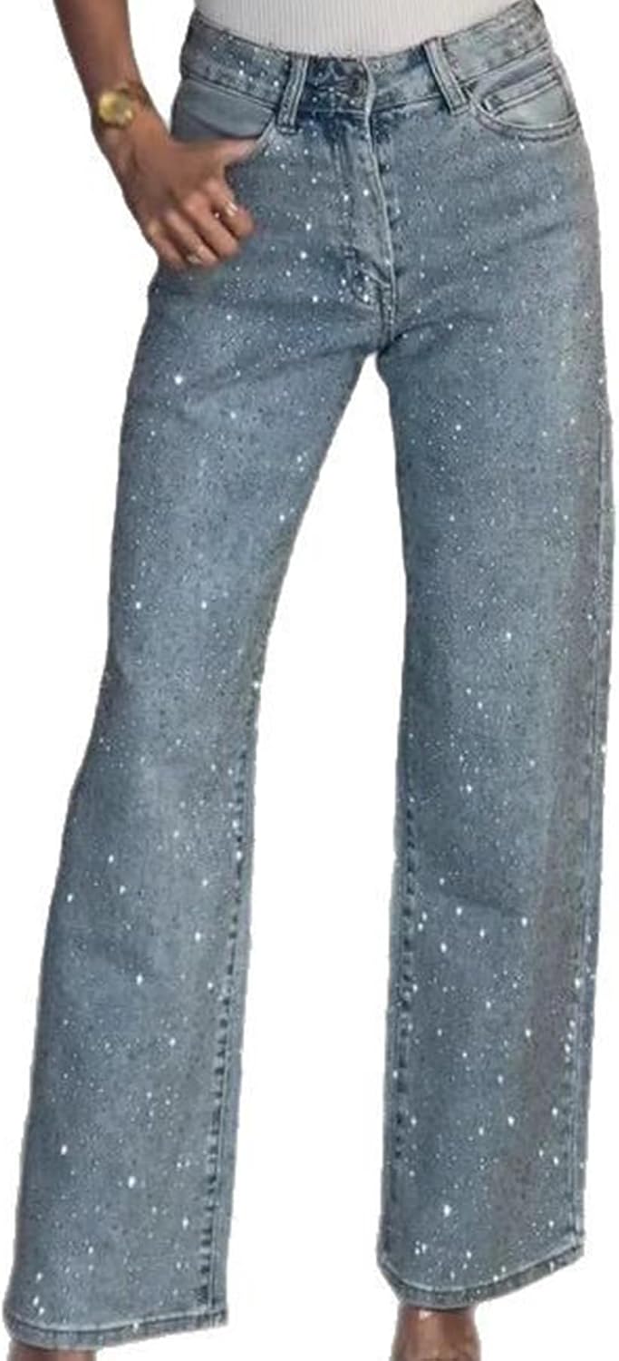 Famnbro Womens Rhinestone Jeans Baggy Y2K Wide Leg Sparkly Denim Pants