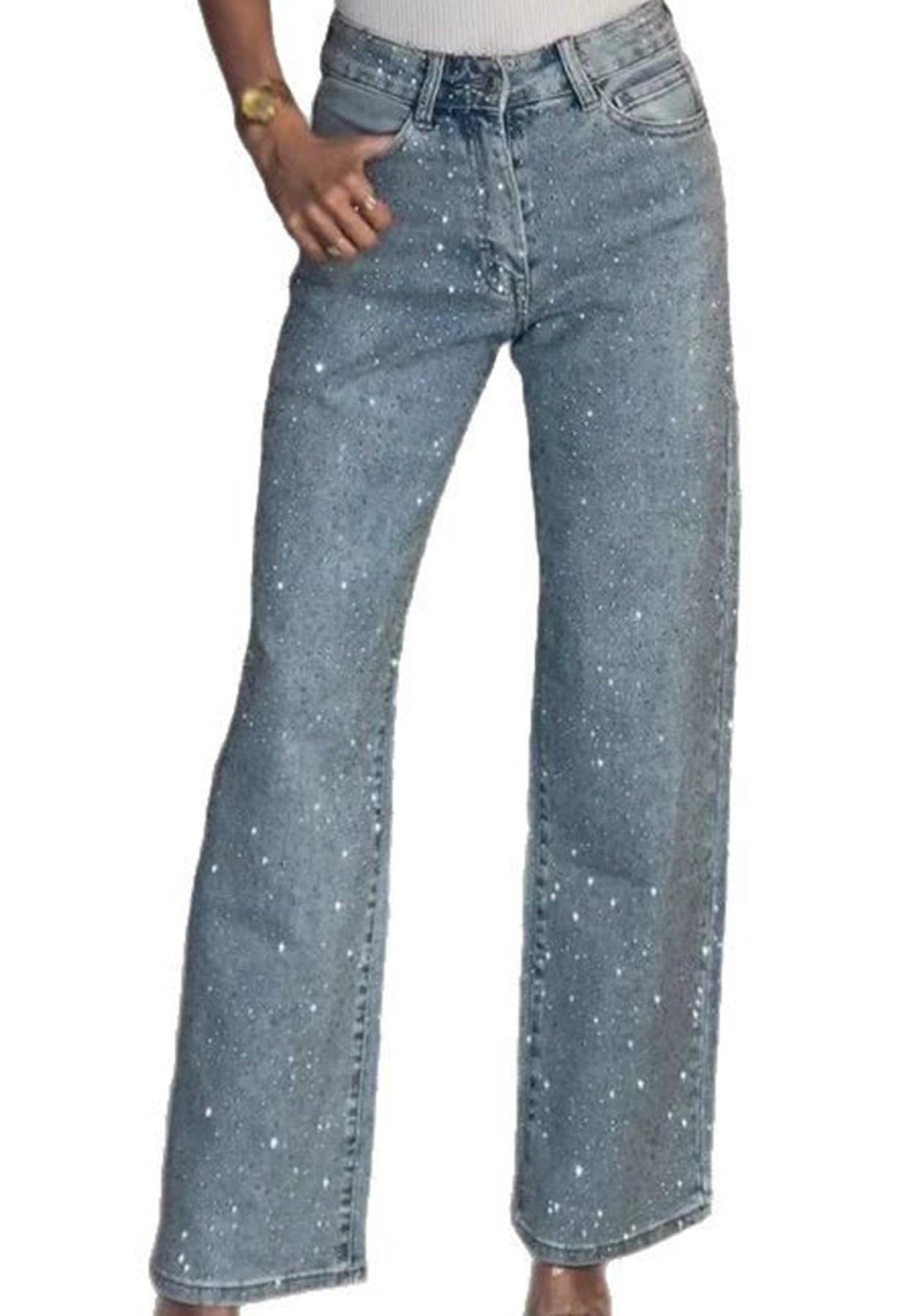 Famnbro Womens Rhinestone Jeans Baggy Y2K Wide Leg Sparkly Denim Pants