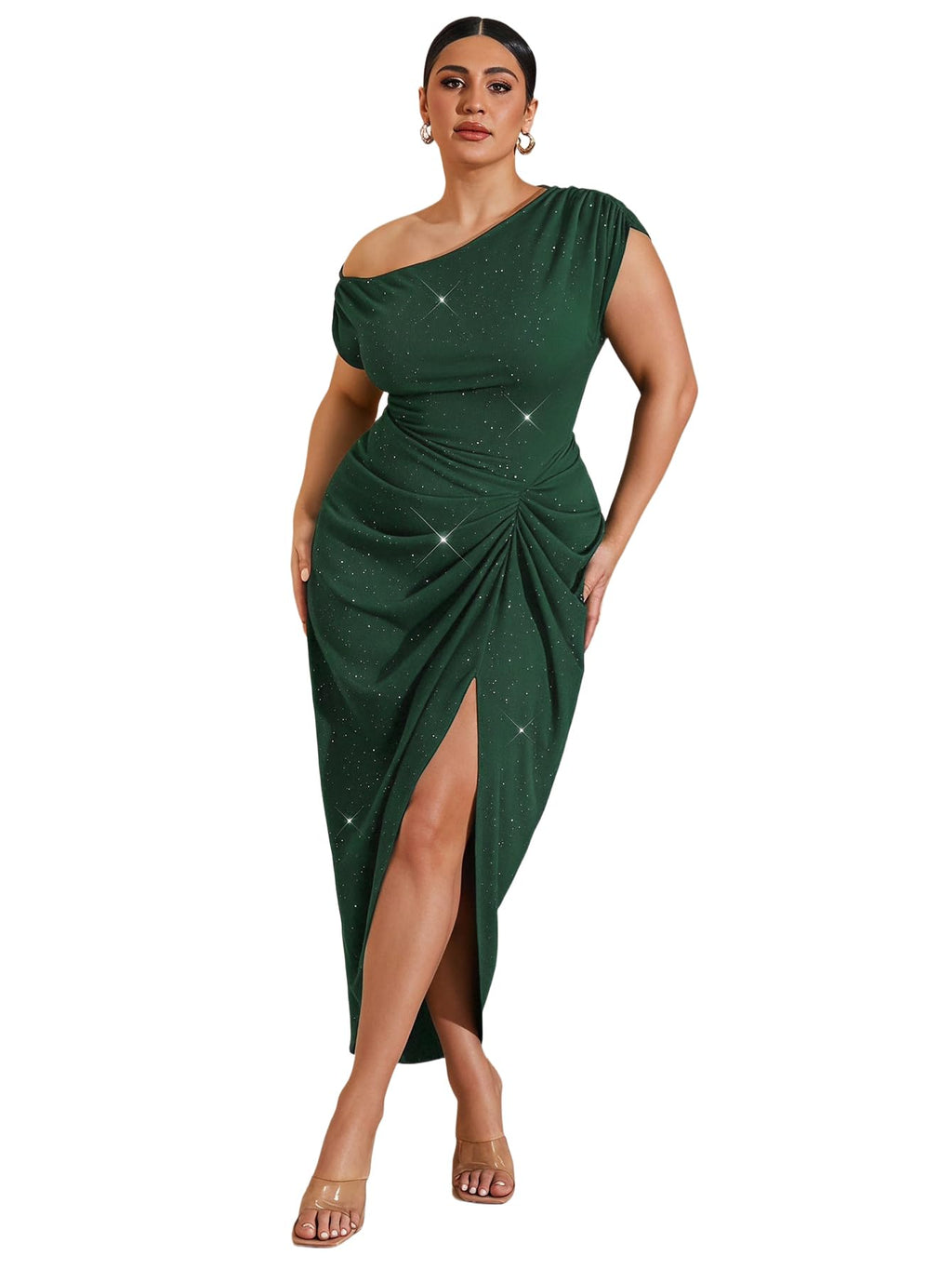 Floerns Women's Plus Size Asymmetrical Neck Ruched Slit Hem Cocktail Dress