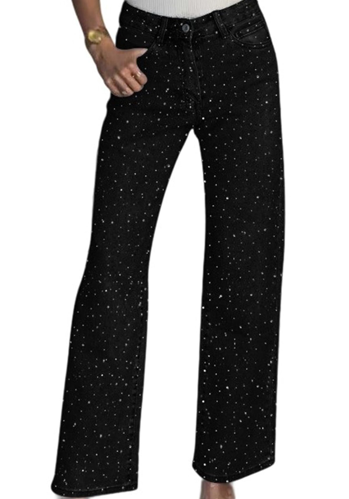 Famnbro Womens Rhinestone Jeans Baggy Y2K Wide Leg Sparkly Denim Pants