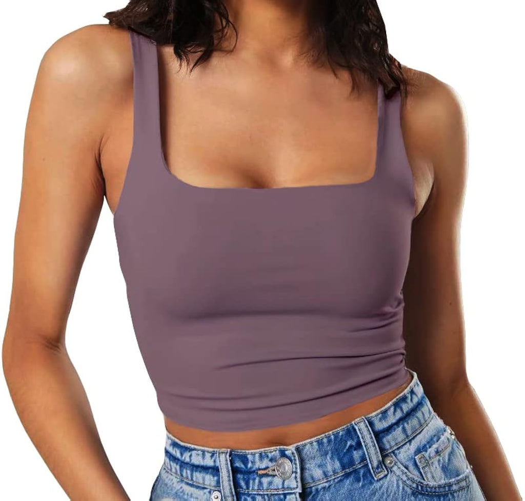 Artfish Women's Sleeveless Strappy Tank Square Neck Double Layer Workout Fitness Casual Basic Crop Tops