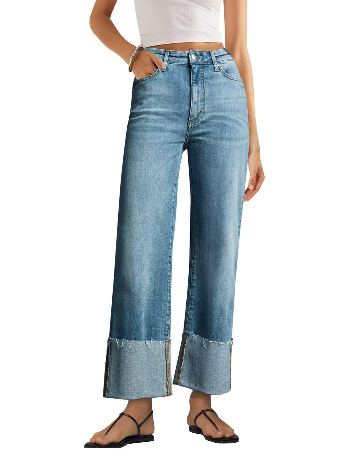KUNMI Women's Wide Leg Jeans High Waisted Straight Leg Stretchy Denim Pants with Pockets
