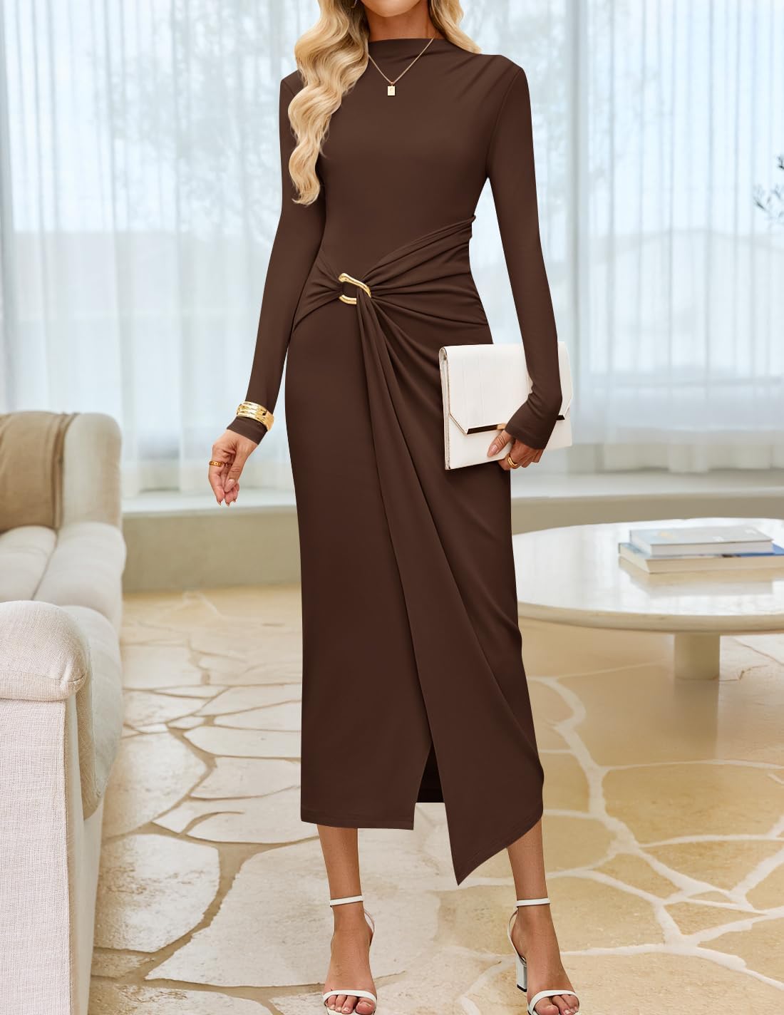 ZESICA Womens Fall Long Sleeve Wedding Guest Midi Dresses