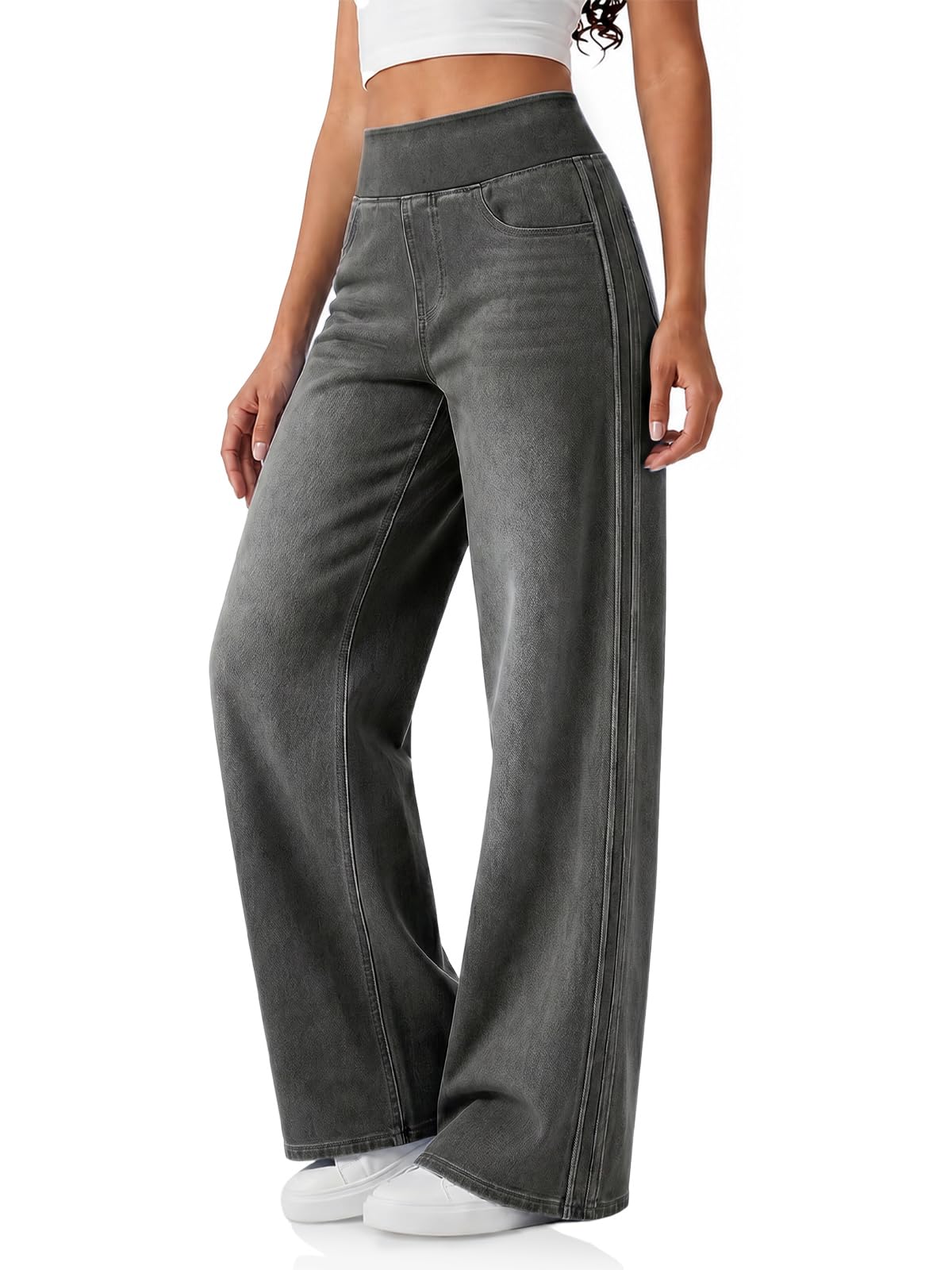 Cicy Bell Womens Pull On Jeans Wide Leg Stretchy Side Striped Denim Pants