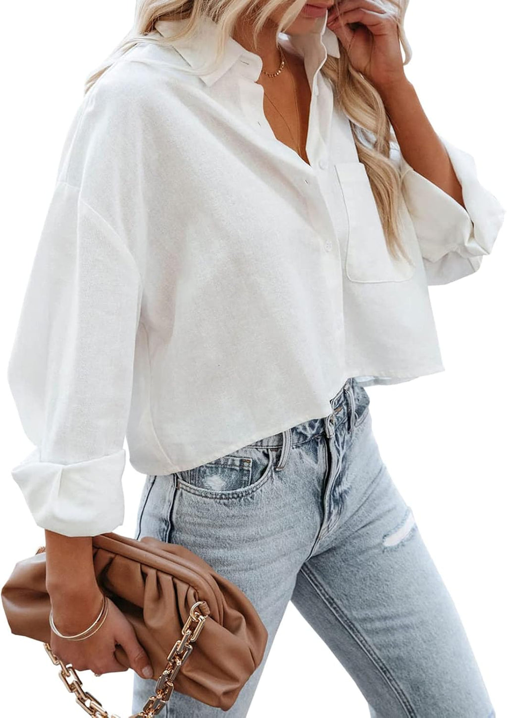 Tankaneo Womens Button Down Cropped Shirts Long Sleeve Crop Tops Blouses