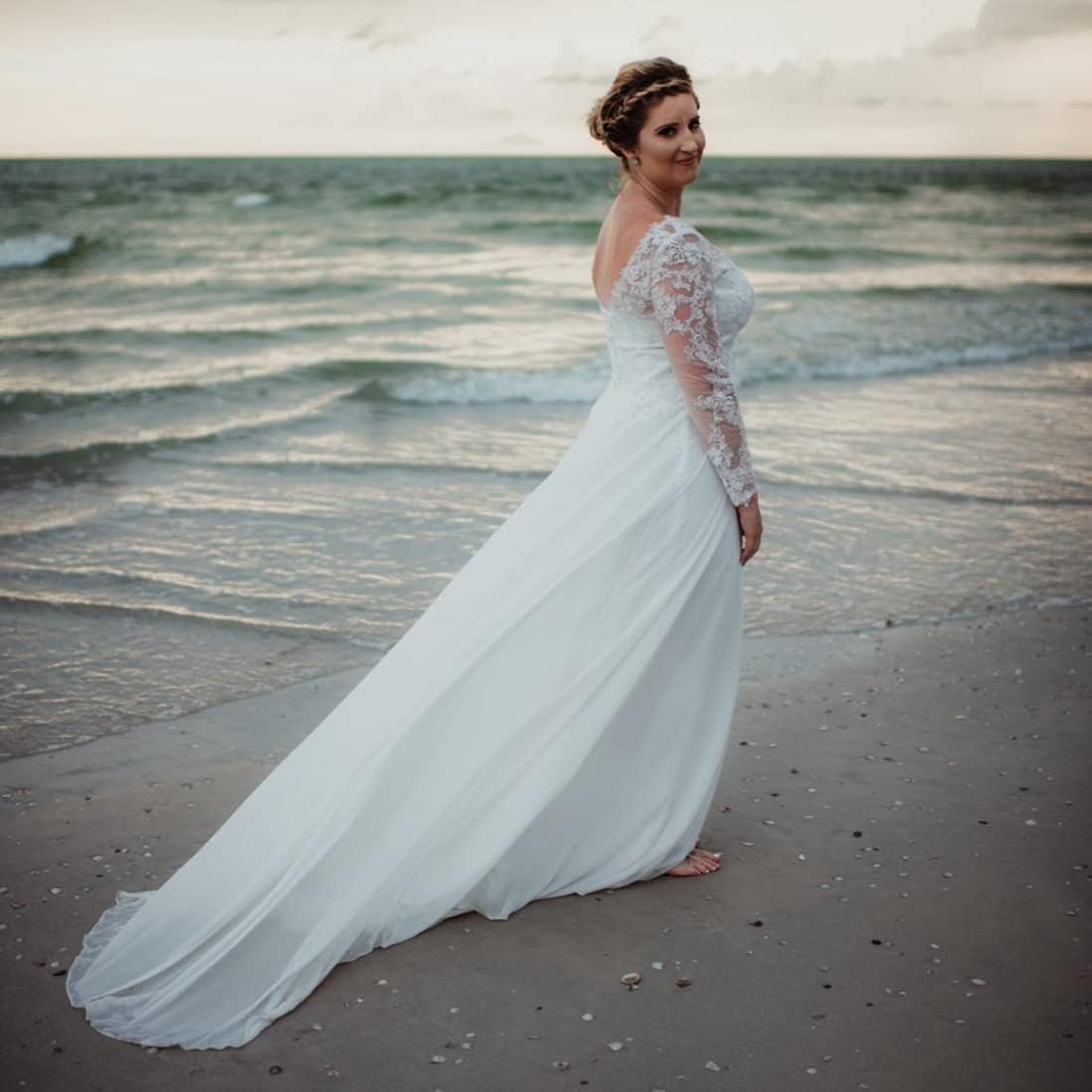 Findlovewedding Wedding Dresses for Bride with Lace Appliques Chiffon A Line Women Dress Long Sleeves Beach Bride Dress
