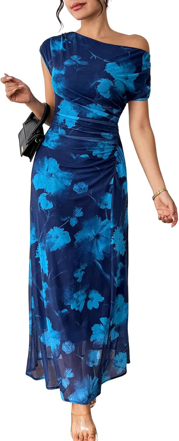 BLENCOT Women's Floral Off Shoulder Wedding Guest Dress Party Gown