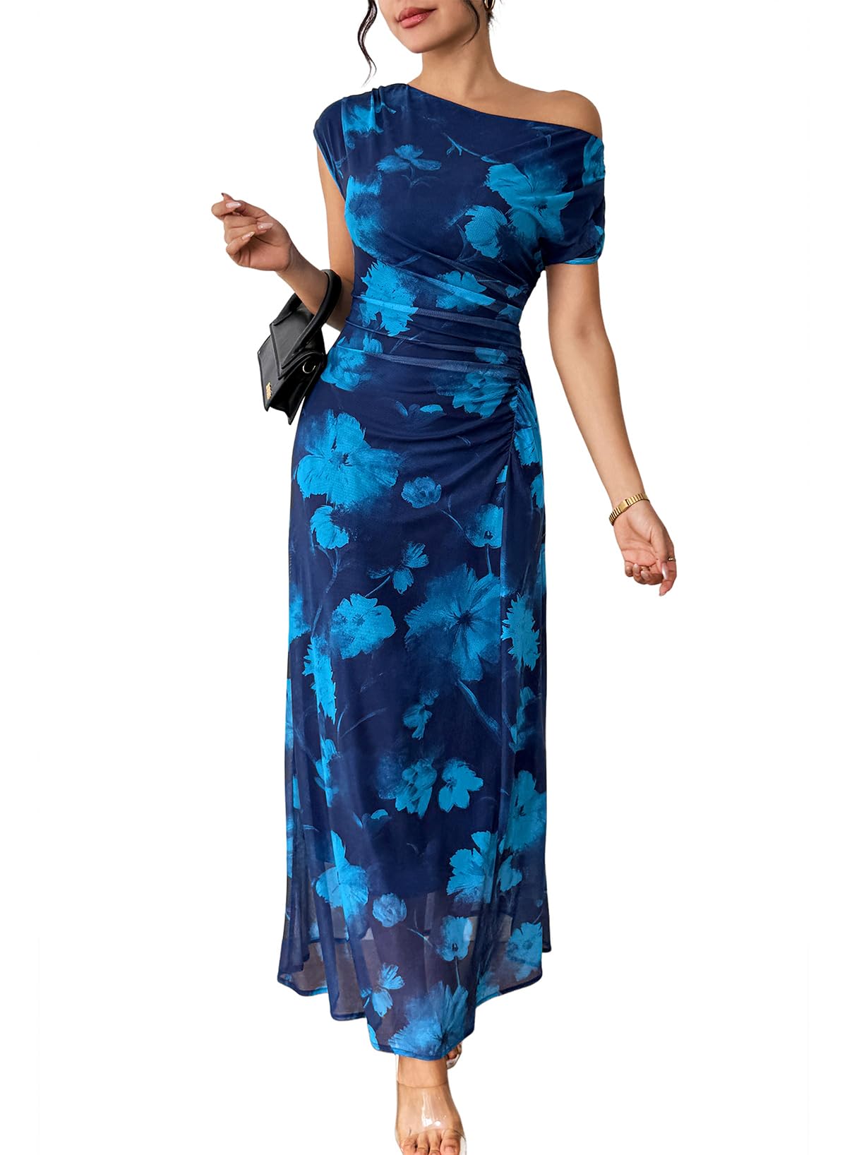 BLENCOT Women's Floral Off Shoulder Wedding Guest Dress Party Gown