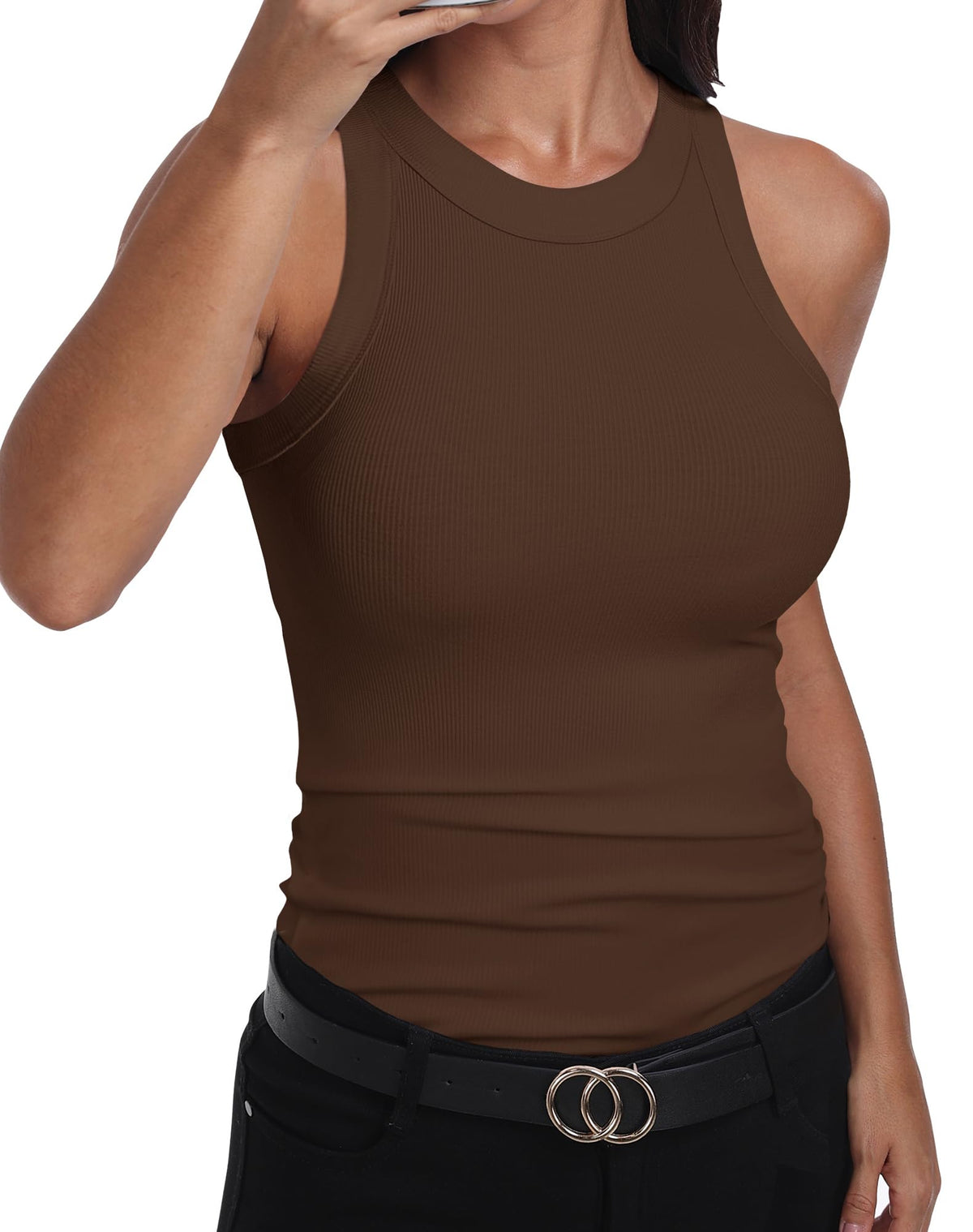 GEMBERA Womens Sleeveless Racerback High Neck Casual Basic Cotton Ribbed Fitted Tank Top