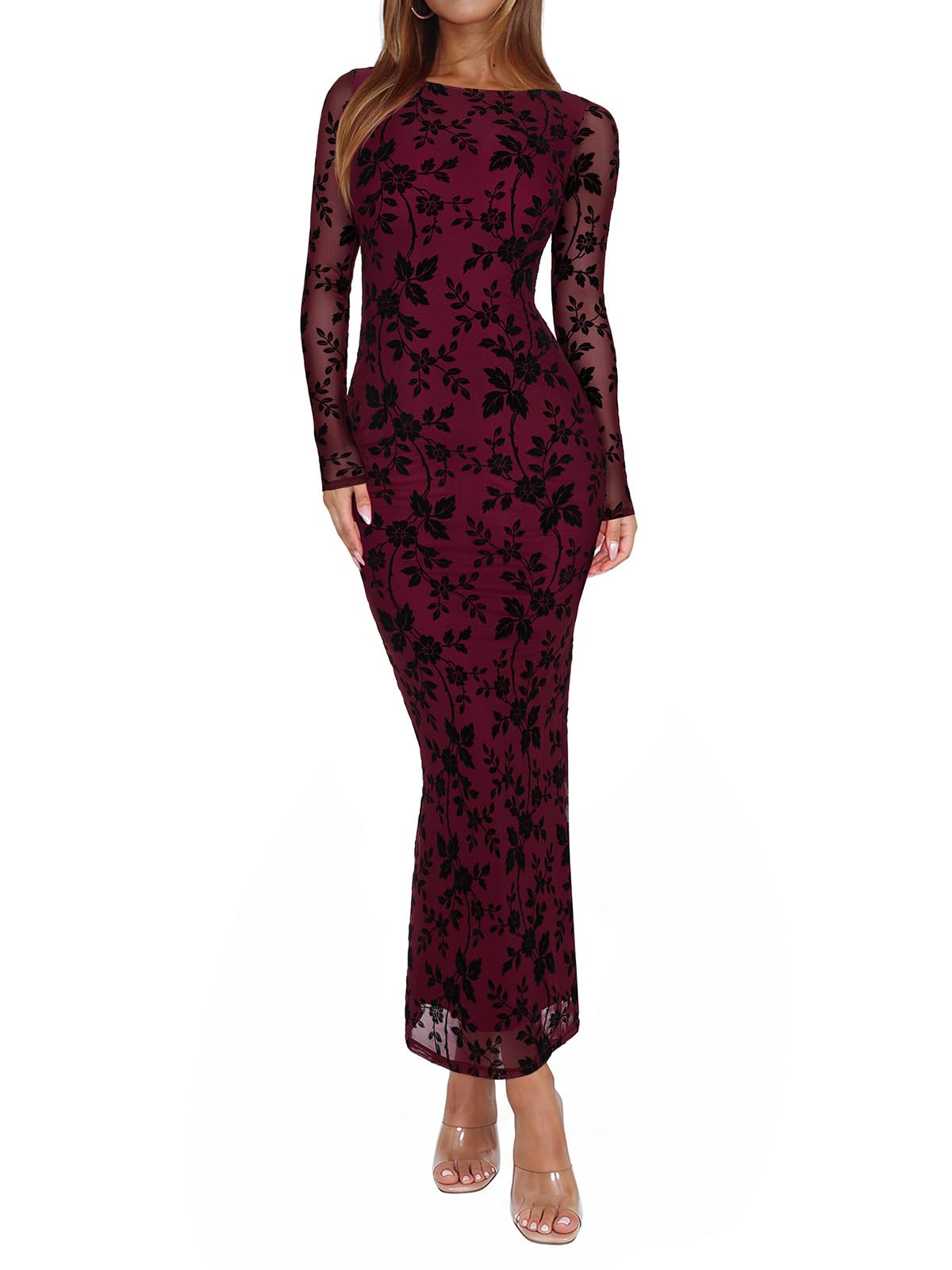 REORIA Women's Fall Mesh Sheer Long Sleeve Wedding Guest Dress Sexy Floral Bodycon Maxi Long Dresses