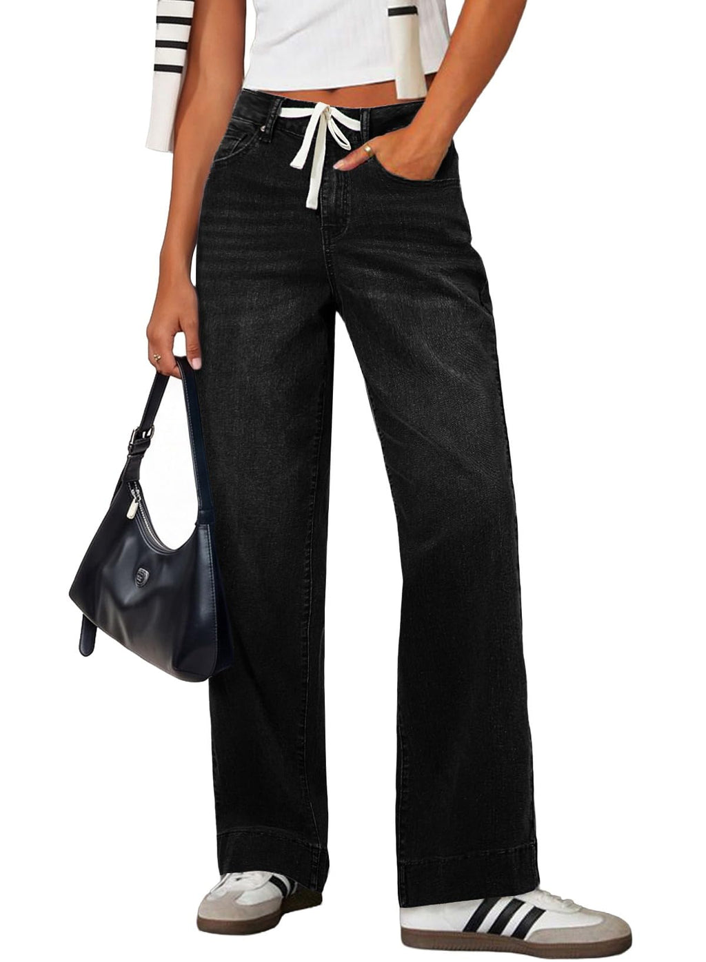 Sidefeel Women's High Waisted Straight Leg Jeans Drawstring Denim Pants