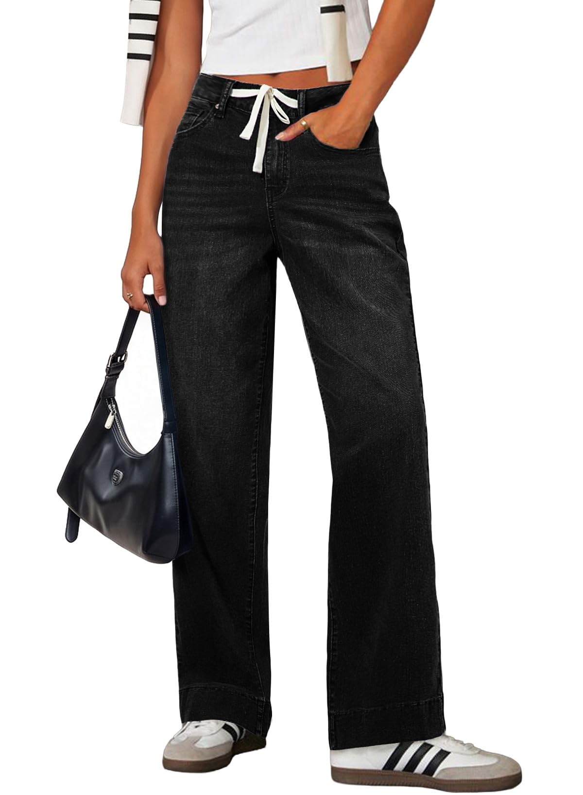 Sidefeel Women's High Waisted Straight Leg Jeans Drawstring Denim Pants