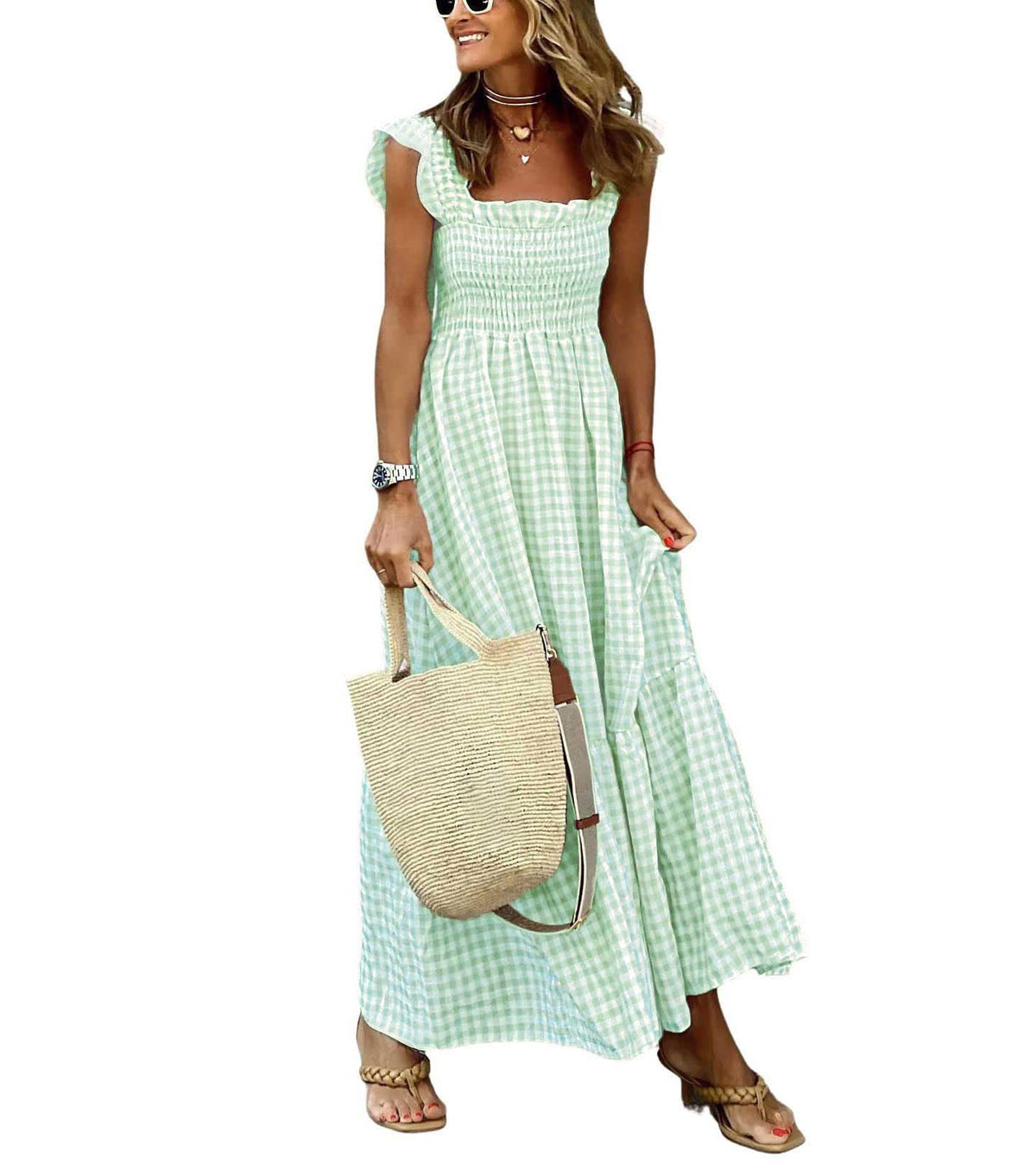 chouyatou Women's Retro Plaid Smocked Dress Spaghetti Strap Flounce Long Dress