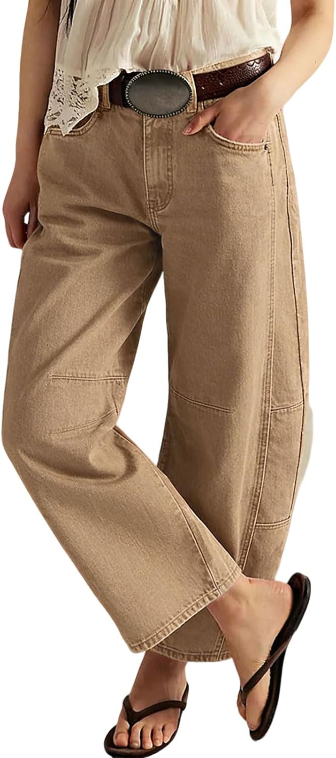 loveimgs Women Casual Wide Leg Mid Rise Jeans Baggy Barrel Jeans Denim Pull On Pants Sweatpants Y2k Boyfriend Boho Ankle Pant