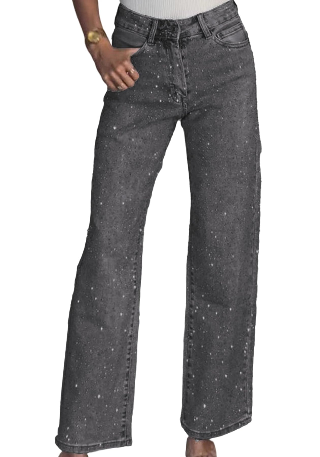 Famnbro Womens Rhinestone Jeans Baggy Y2K Wide Leg Sparkly Denim Pants
