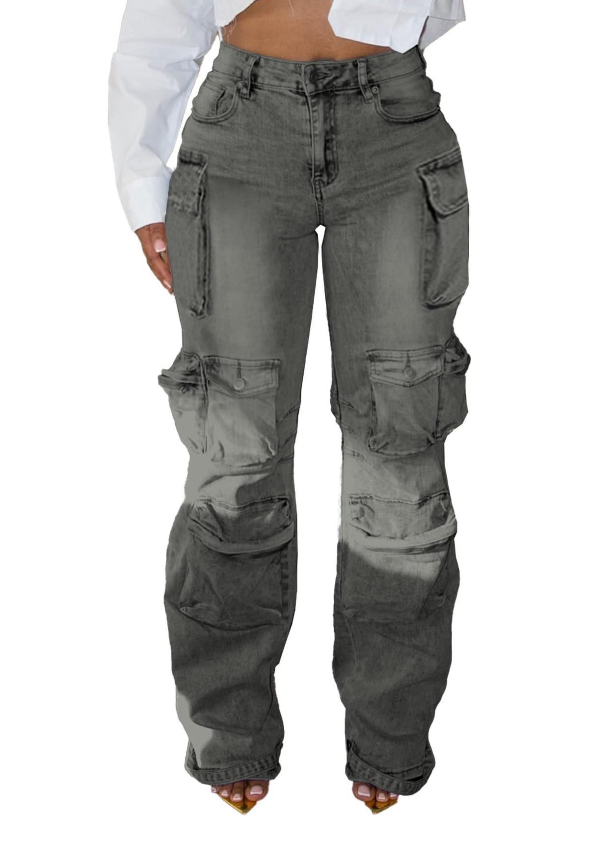 LKOUS Women's Cargo Baggy Straight Jeans Streetwear Y2K Multi Pocket